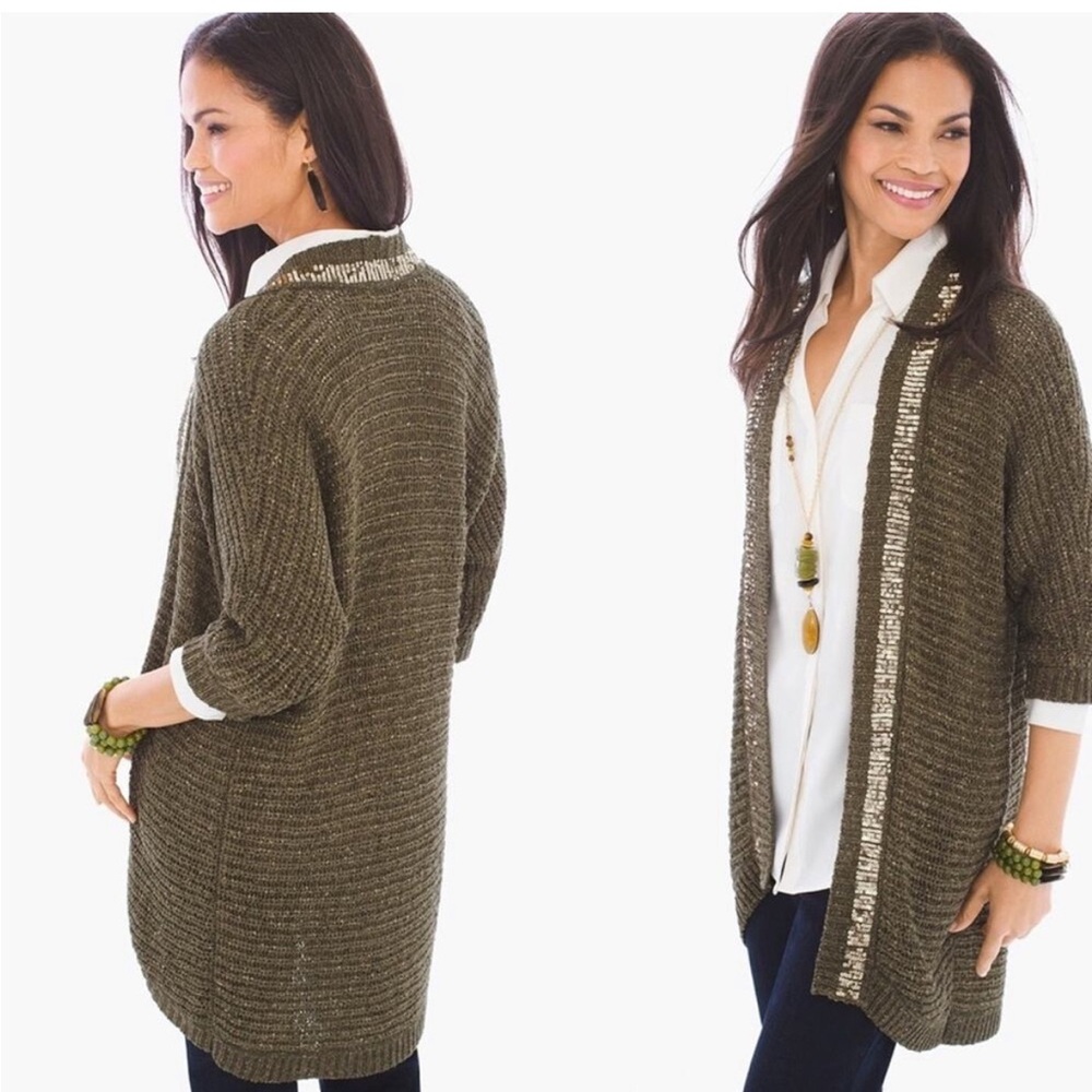 Chico’s Greta Green Sequins Trim Open Front Cardigan Size Large - Picture 1 of 6